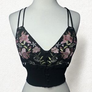 Embroidered Babydoll Top Size S Black Cropped Cami Whimsigoth Boho Retro Y2k